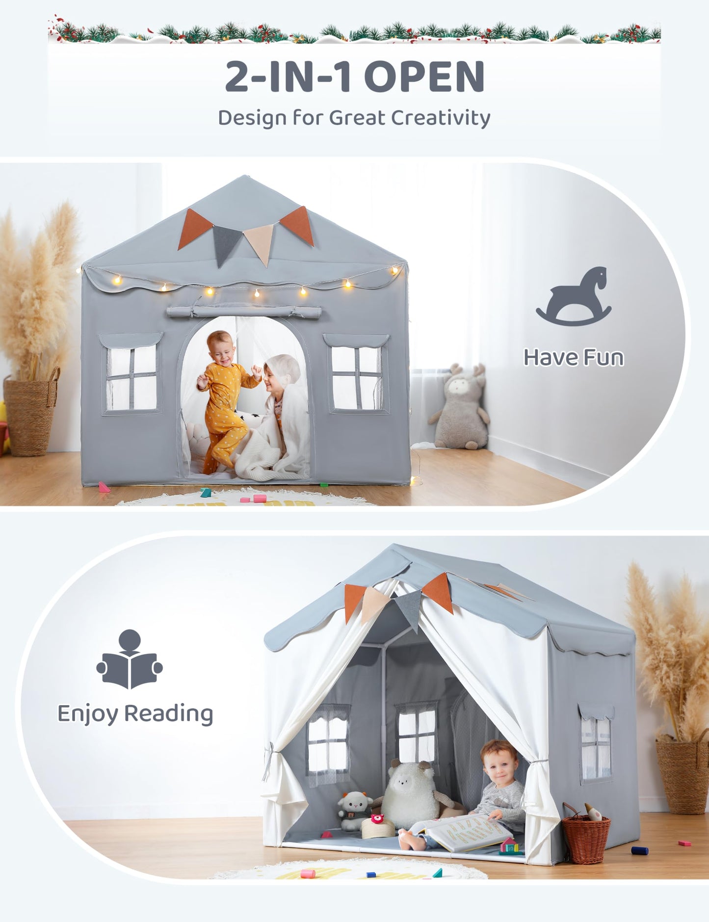 Besrey Kids Tent, Kids Playhouse 2 In 1 With Padded Mat And Lights, Large Play Tent With 2 Doors & 4 Windows, Kids Play Tent Indoor & Outdoor, Toddler Tent For Kids, 51' X35' X 51' (Gray)