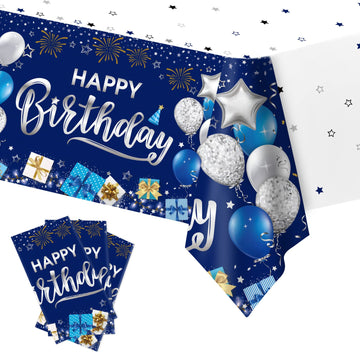 Duaiai Happy Birthday Decorations, 3 Pcs Navy Blue And Silver Birthday Tablecloth For Boys Girls Men Women, Plastic Disposable Rectangle Table Cover For Birthday Party Supplies- 54' X 108'