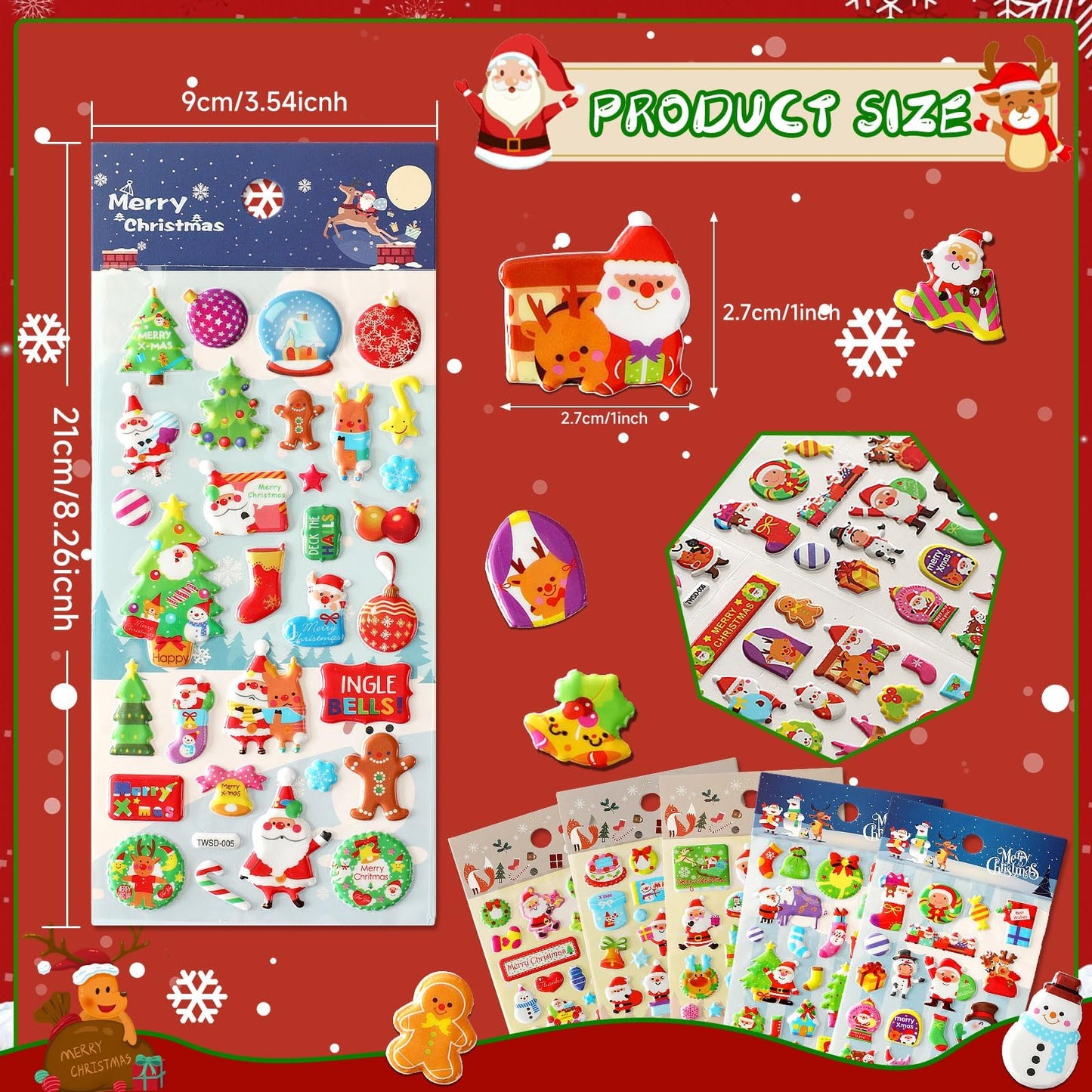 UPINS Christmas Stickers for Kids, 10 Sheets Holiday 3D Puffy Foam Decals - Cute Snowman, Reindeer, Tree, Santa for Party Favors
