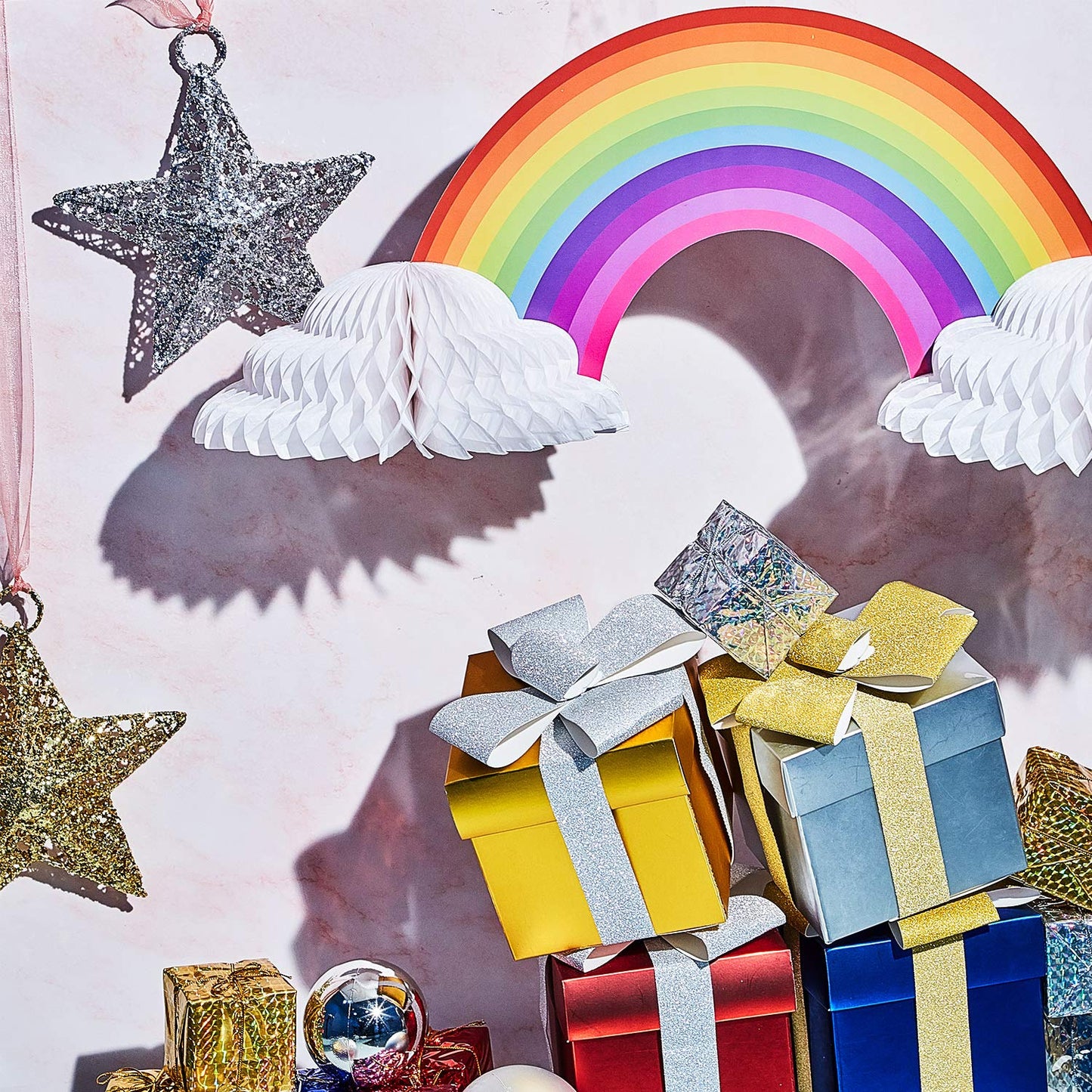 Willbond Rainbow Honeycomb Paper Centerpiece Rainbow Cloud No Crease Converting Centerpieces For Christmas Birthday Party Tables Decoration(4 Pieces)