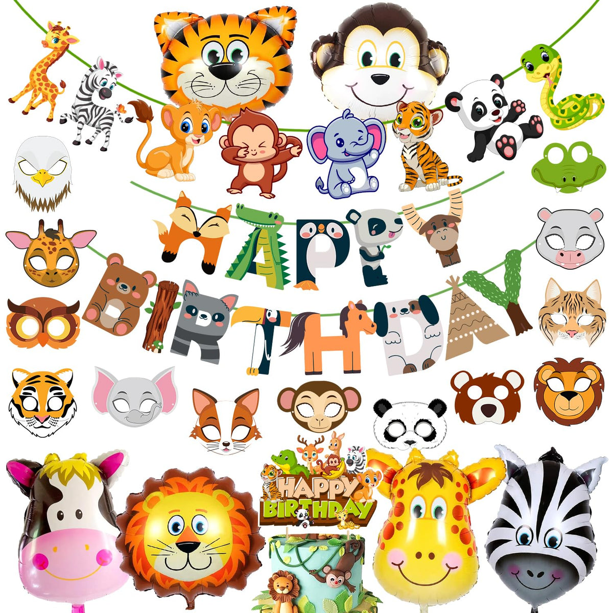 Zyozique Jungle Safari Happy Birthday Decoration Kids  Birthday Party Decoration Paper Banner With Foil Balloons , Cake Topper,