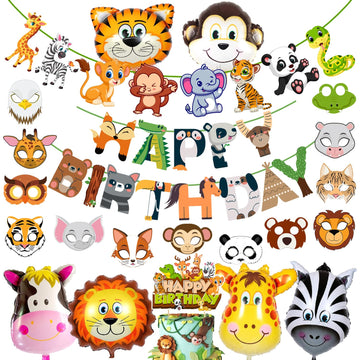 Zyozique Jungle Safari Happy Birthday Decoration Kids  Birthday Party Decoration Paper Banner With Foil Balloons , Cake Topper,