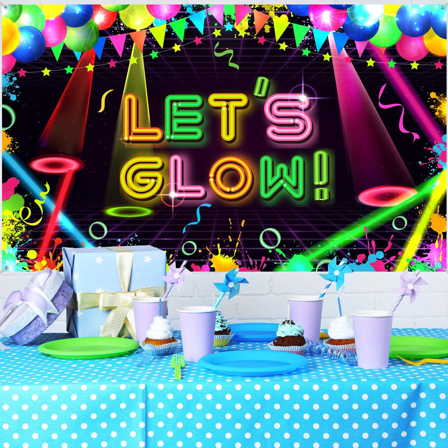 Boao Neon Glow Party Backdrop Fabric Let Glow Background Glow Party Themed Backdrop Neon Birthday Party Decorations For Neon Themed Party Birthday Party, 5.9 X 3.6 Ft
