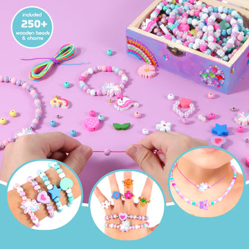 Jotiko Arts And Crafts For Kids Girls Age 6-8, Paint Your Own Jewelry Box & Bracelet Making Kit, Unicorn Toys For Girls 8-12 Years Old, 250Pcs Wooden Beads Charms Jewelry Making Kit Christmas Gift