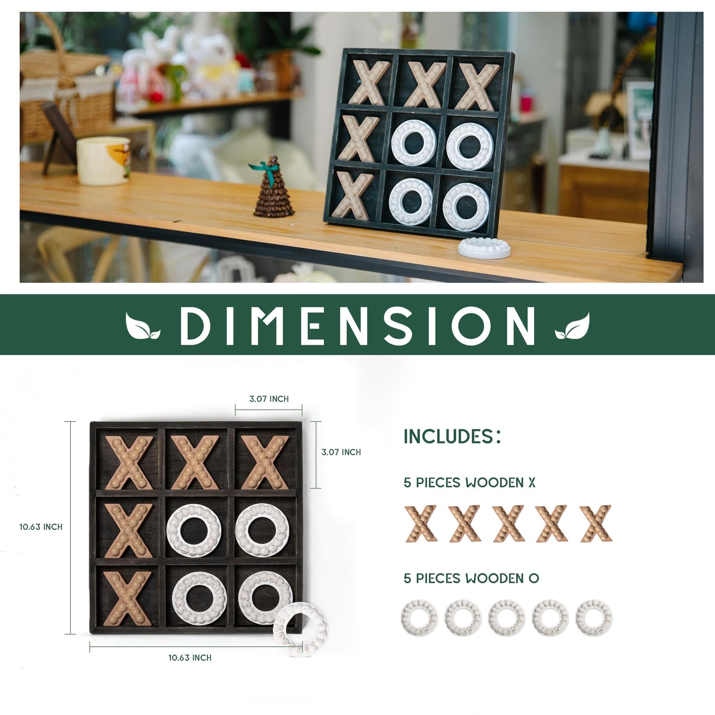 Genmous Wooden Tic Tac Toe Game Board For Seniors Family Indoor Game, 10.6 Inch Black Rustic Giant Tic Tac Toe Coffee Table Deco