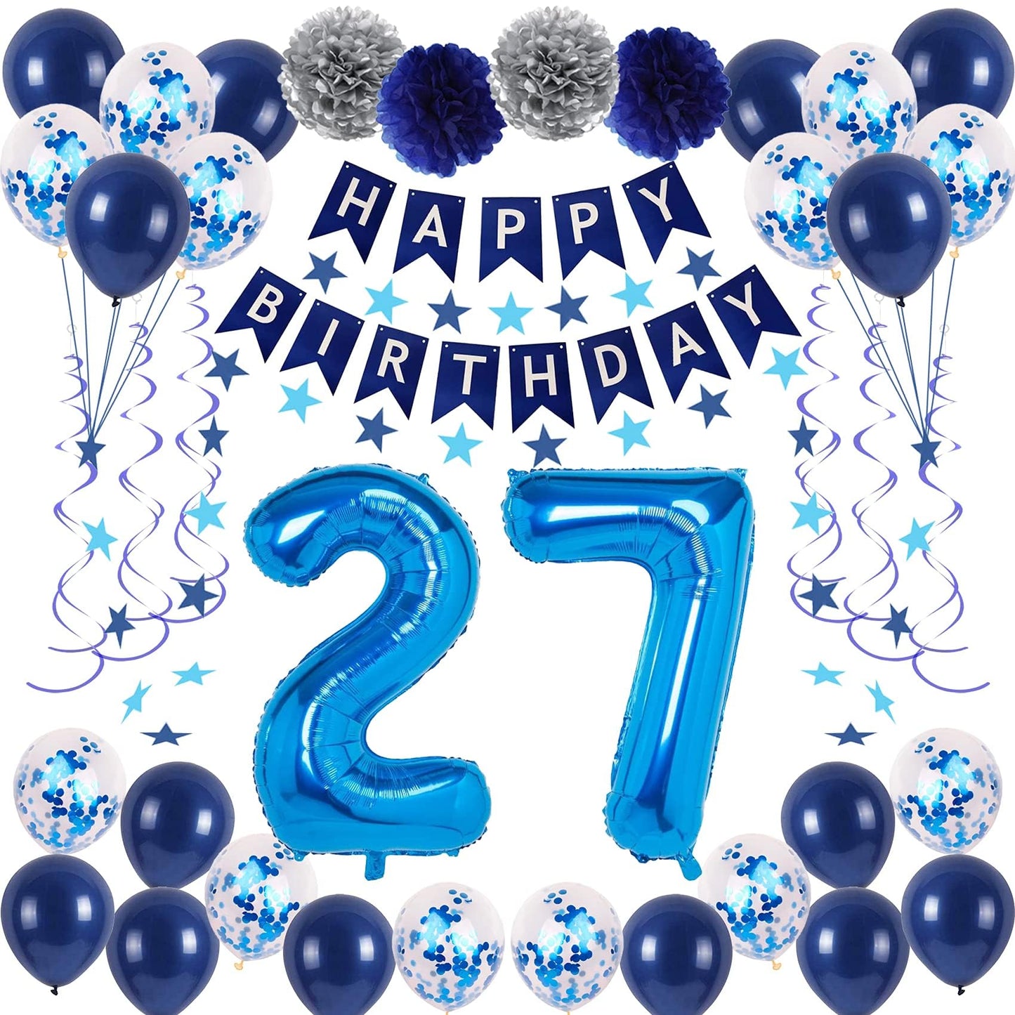 Naninuneno 27Th Blue Birthday Party Decorations For Boy Girl Men Women, Happy 27 Birthday Balloons Supplies With Happy Birthday