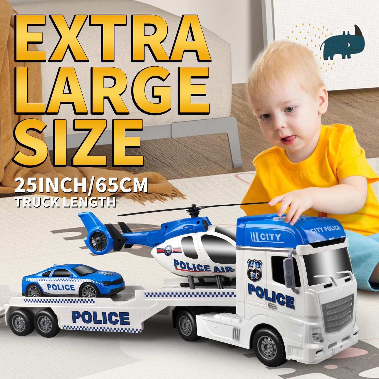 Dwi Dowellin 25" Semi Truck Toy Set with Racing Car & Helicopter, White, Kids Toys for 3-6 Years Old, Model 666-66F