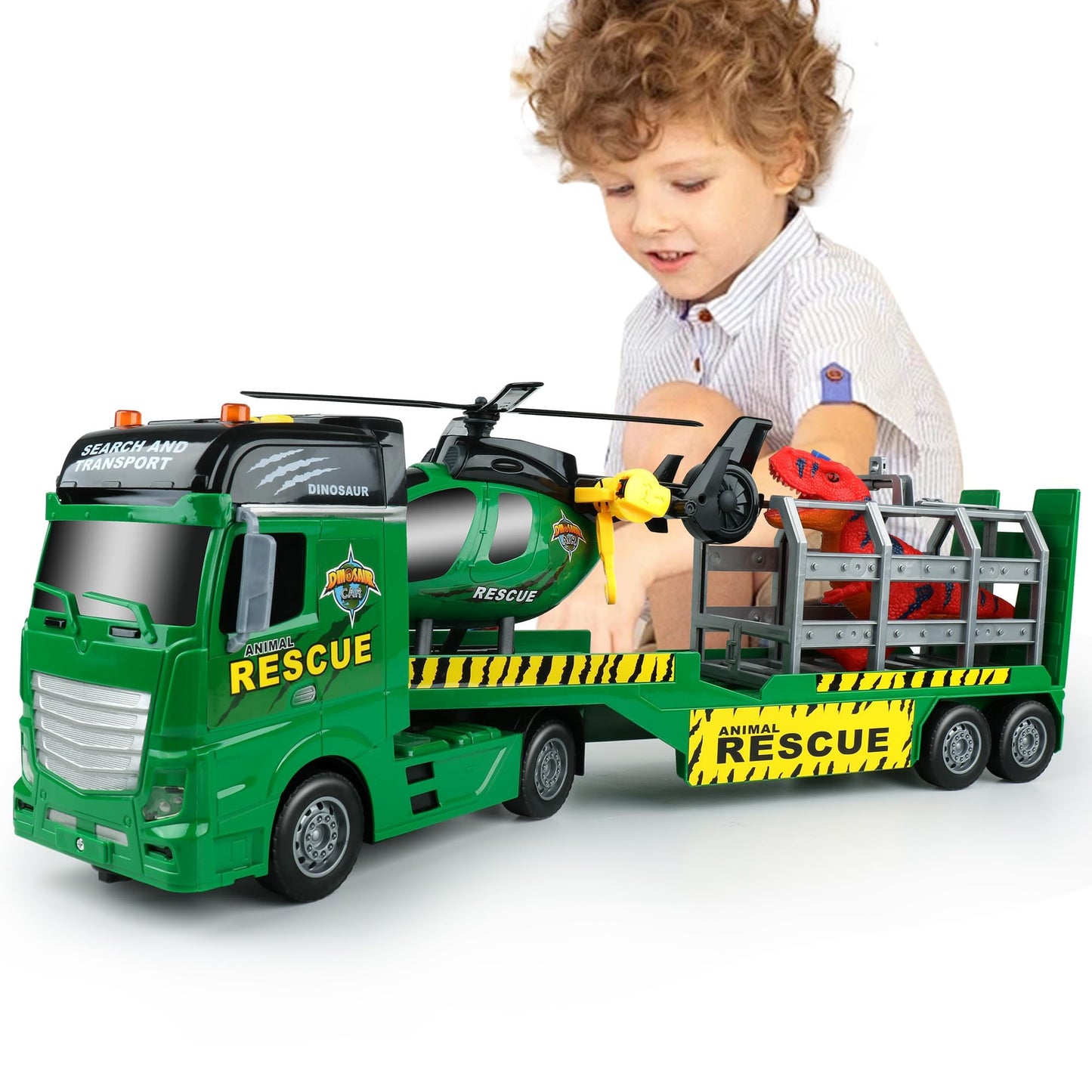 Dwi Dowellin Carrier Truck Toy - 25.6" Semi Truck with Helicopter & Dinosaurs, Green, Model 666-72F, Ideal for Kids Ages 3-6+