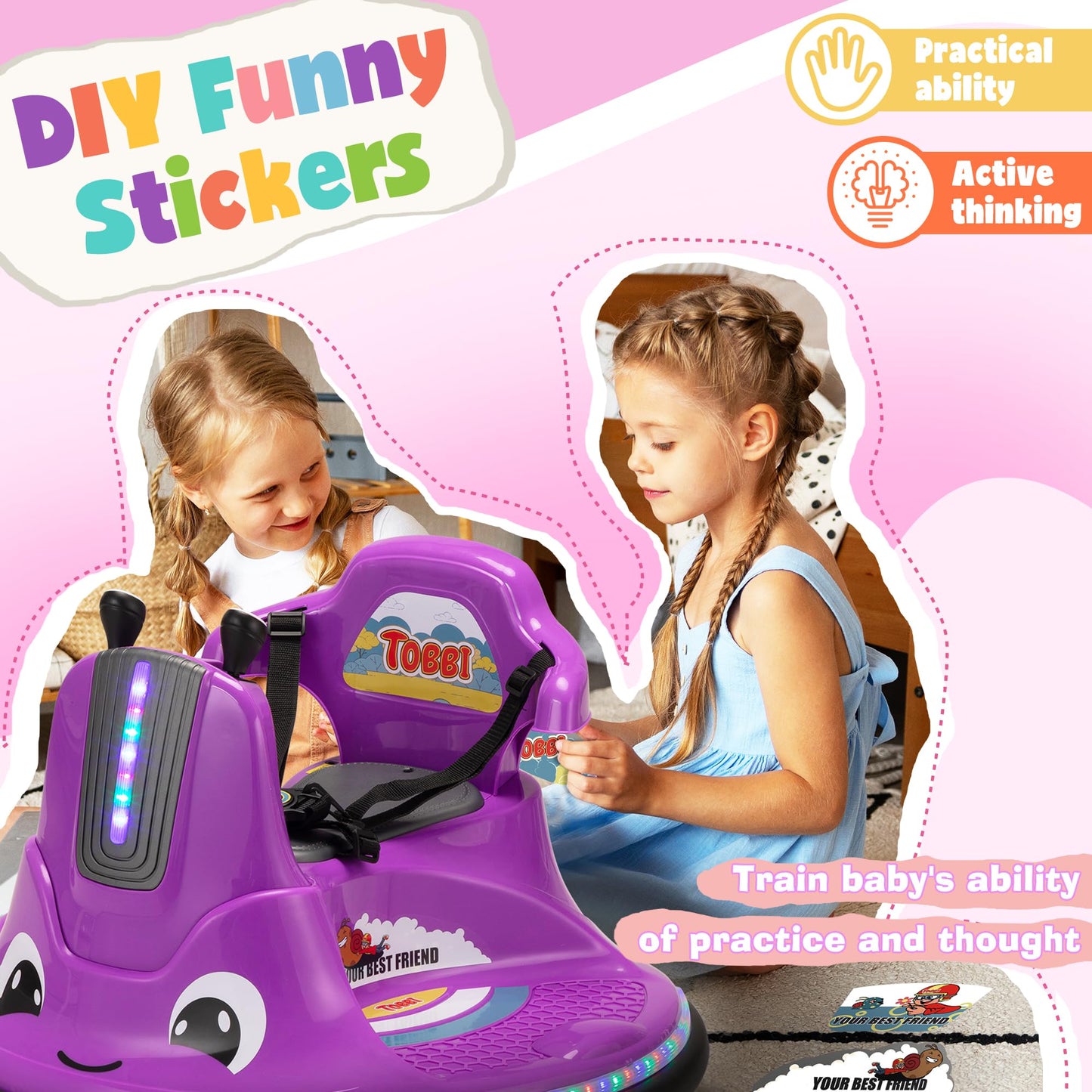 Tobbi Toddlers Bumper Car, 12V Baby Electric Ride On Snail Shape Toy With Remote Control/Children Diy Funny Stickers/360 Degree Spin For Kids Of Ages 1.5-9 (Purple)