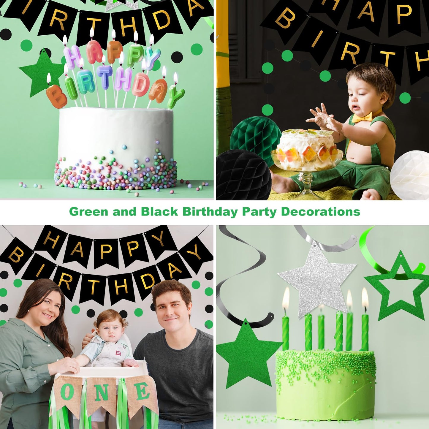 Meowtastic Birthday Decorations, Happy Birthday Banner With Honeycomb Balls, Star Hanging Swirl Streamer, Circle Dot Garland, Happy Birthday Party Decorations For Women Men Boys Girls (Green & Black)