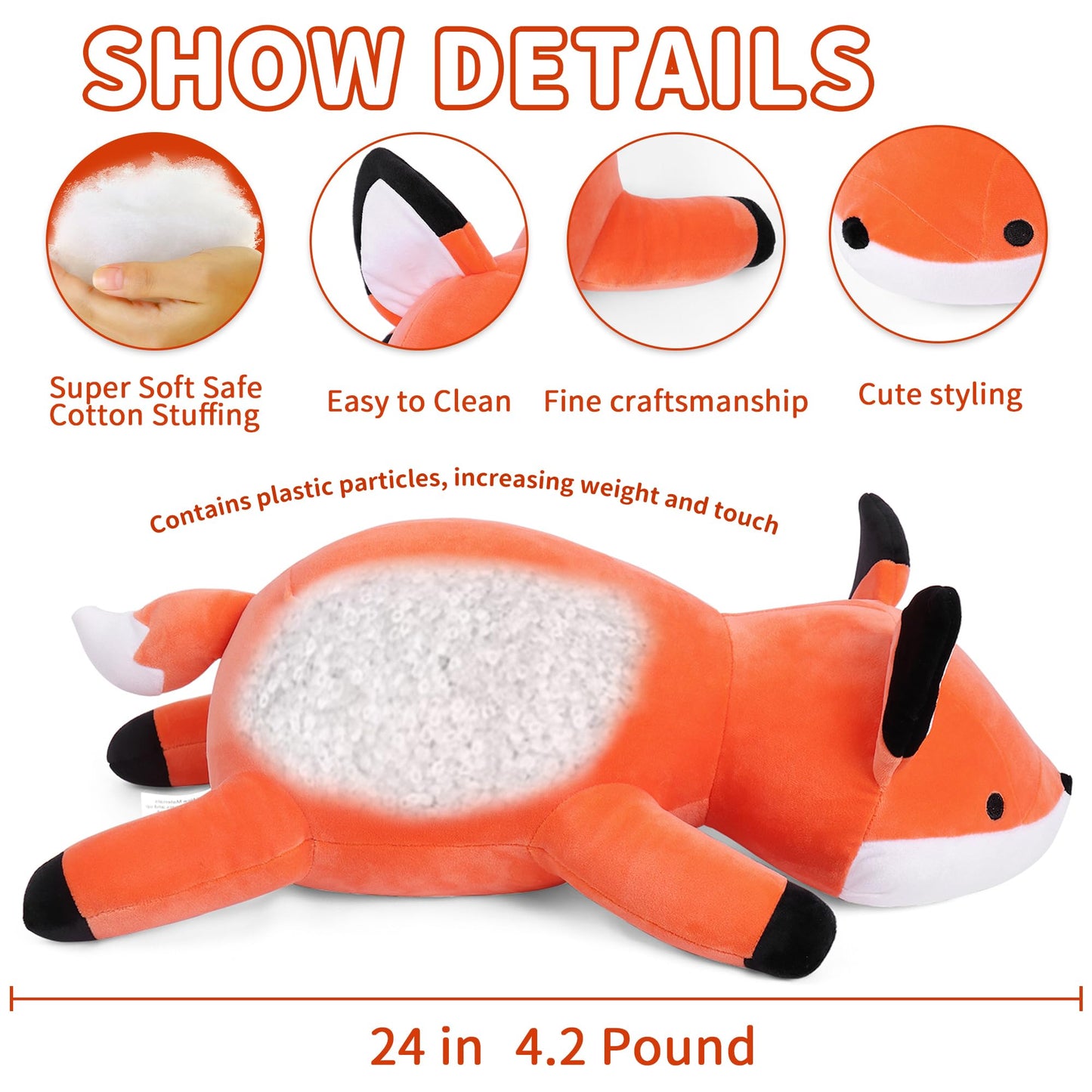 Webingo Weighted Stuffed Animals, 24'' Weighted Fox Plush Toy 4.2 Lb Soft Pillow Cute Giant Plushie Gifts For Kids & Adults(Fox)