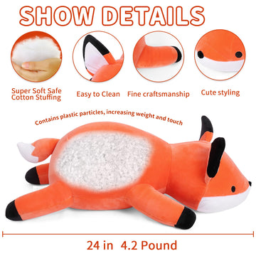 Webingo Weighted Stuffed Animals, 24'' Weighted Fox Plush Toy 4.2 Lb Soft Pillow Cute Giant Plushie Gifts For Kids & Adults(Fox)