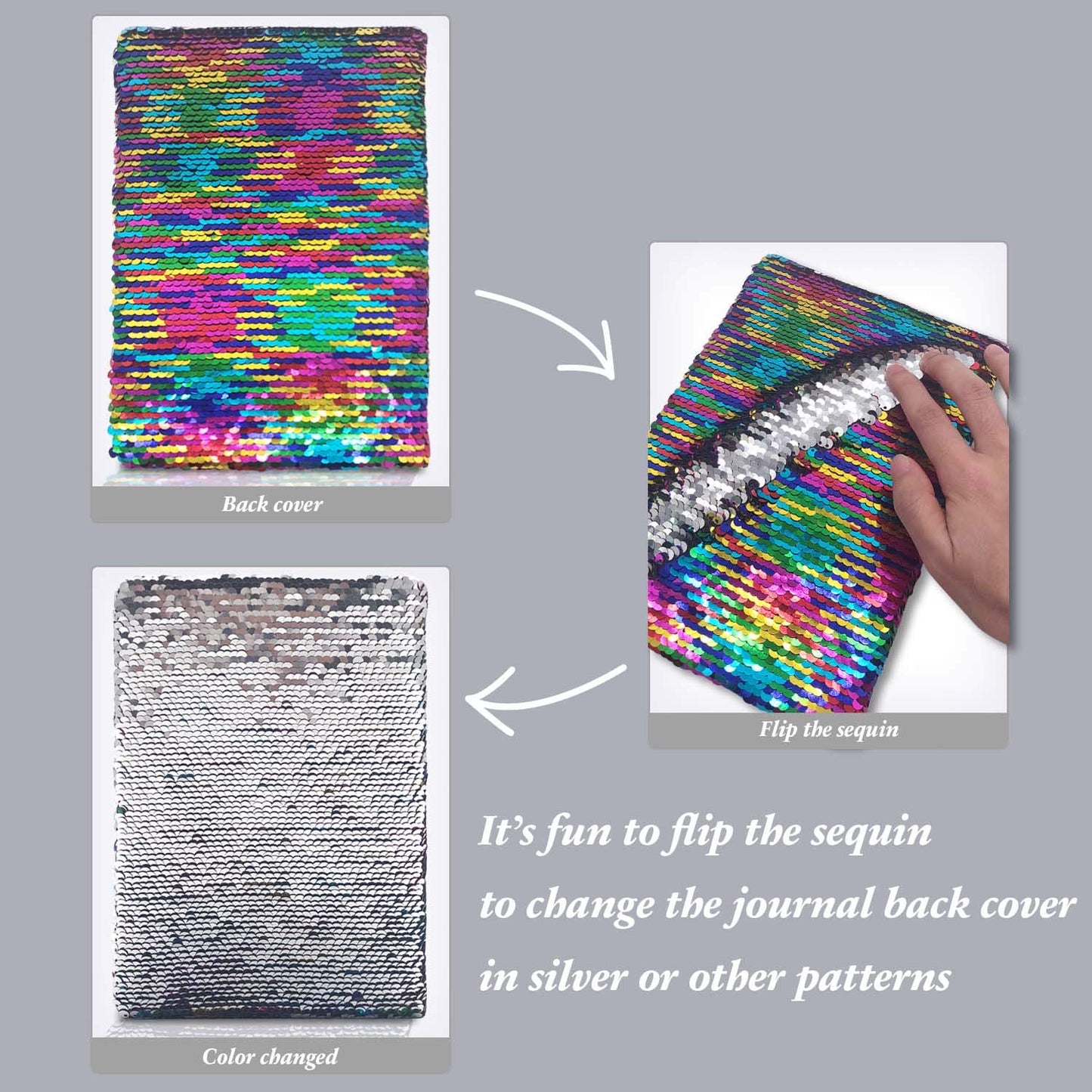 GINMLYDA Sequin Girls Journal for Kids  8.5x5.5 Inches 160 Lined Pages Diary for Girls Unicorn Reversible Flip Sequence Notebook for Teenage Pre School Writing Drawing Travel Gifts(Rainbow-Sliver)