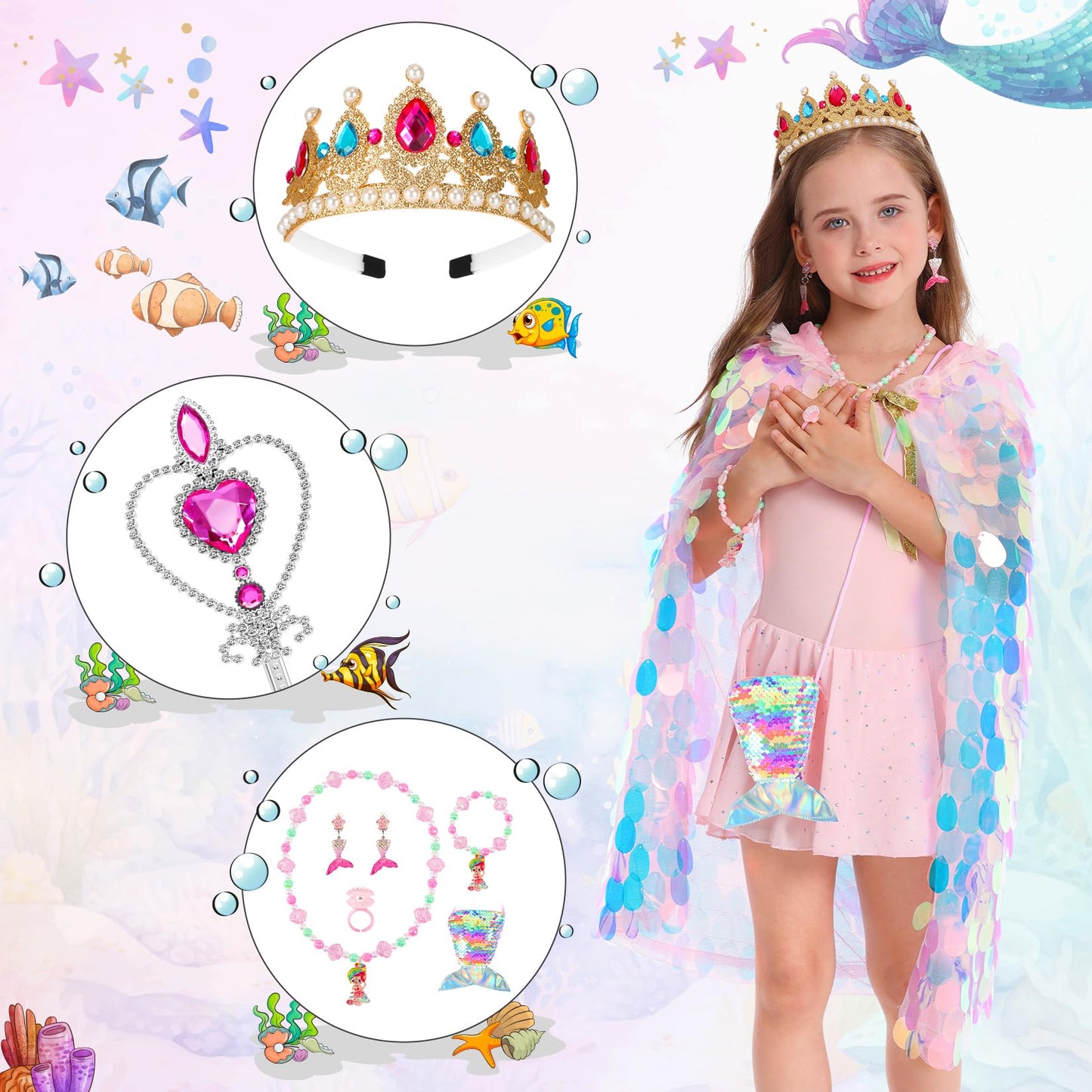 Princess Dress Up Cloak Princess Dress Up Clothes Mermaid Toys Rainbow Mermaid Princess Cloak Kit 9 Pcs Gift Set For Little Girls 3-8 Years Old, Great Gift Set For Birthday Christmas Halloween