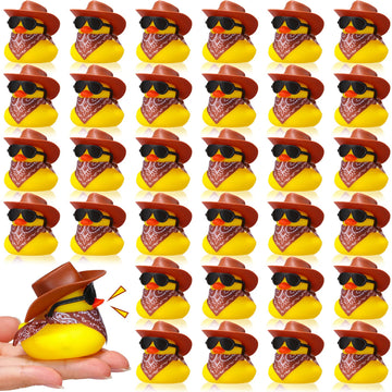 36 Set Cowboy Rubber Duck Mini Yellow Duckies Bath Party Toy Tiny Ducks Bathtub Toy With Cowboy Hat Paisley Bandanas Sunglasses For Summer Baby Shower Birthday Swimming Party (Classic Style)