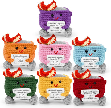Megele 7pcs Emotional Support Dumpster Fire Gift Set Handmade Crochet Desk Accessories Room Decor Funny Gifts for Women Men Frie