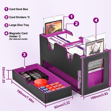 Uaono Card Deck Box For Mtg, Double Card Storage Box With 2 Commander Display & 1 Dice Tray, Fits 200+ Double Sleeved Cards, Card Organizer For Ccg Tcg Sports Cards (Black Purple)