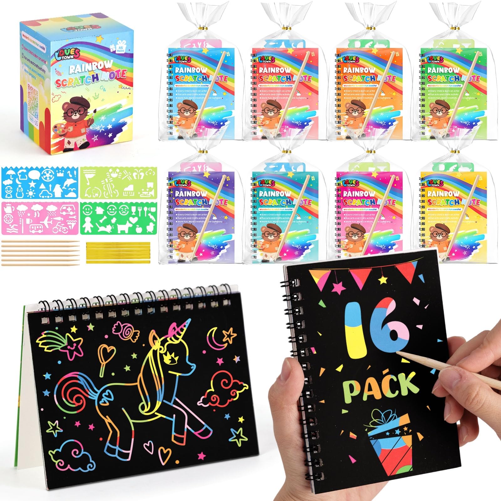 LovesTown 16 Pack Rainbow Scratch Art Party Favors for Kids, Rainbow Notebooks with Stencils & Gift Bags, DIY Craft for Birthday