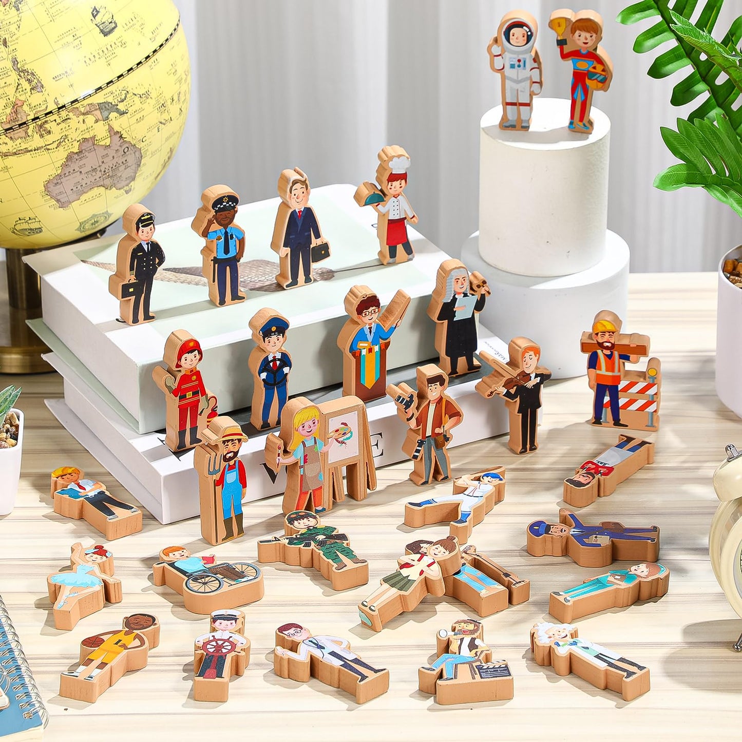 Blosssound 30 Pcs Wooden Community Helpers Toys Multicultural Career Wooden People Figures Small Diversity Professionals Wood Bl