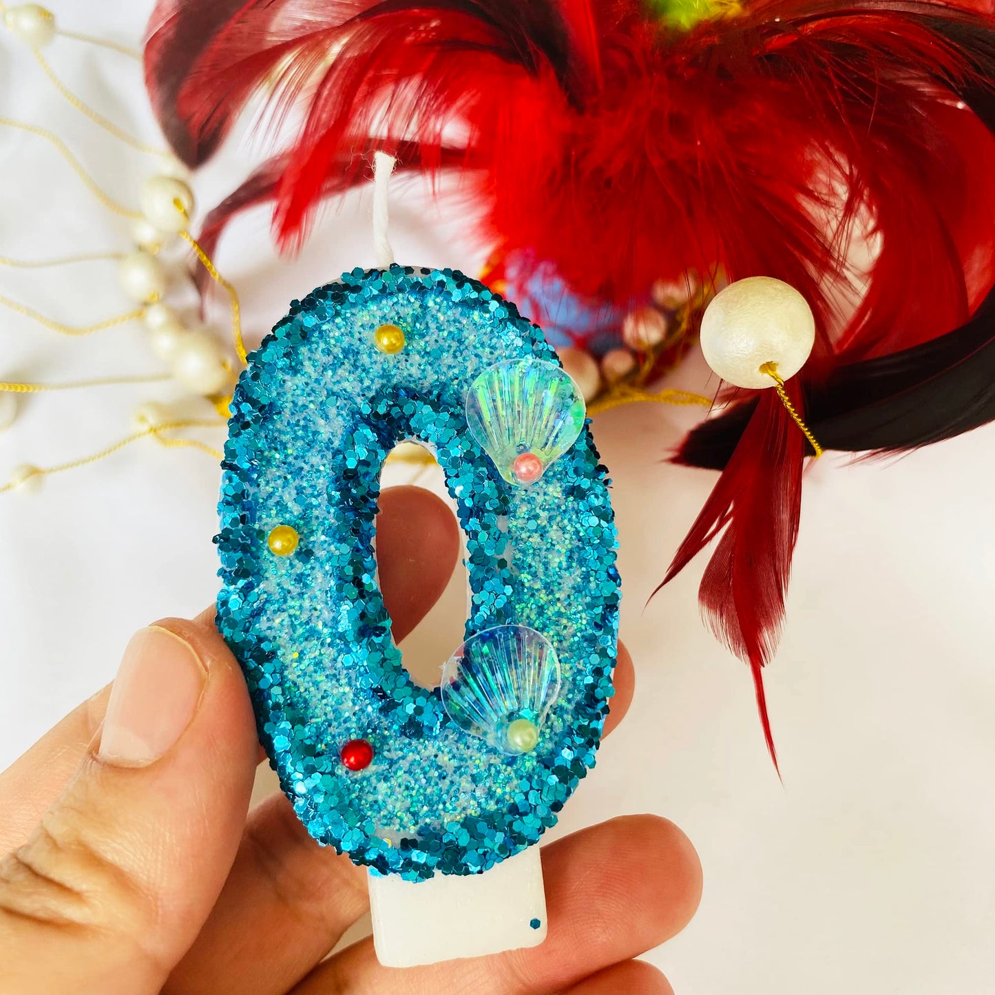 Blue Number Candle,Shell Sequins Number Candles for Birthday Cakes Mermaid Themed Party Supplies Number 0 Candle
