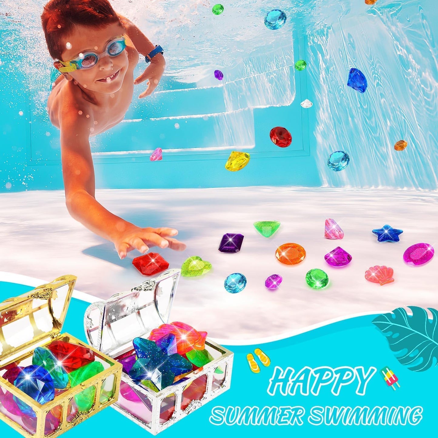 Marforever 22 Pcs Diving Gem Pool Toys, Colorful Large Acrylic Diamond Pool Gems With 2 Pirate Treasure Chest Boxes Dive Throw T