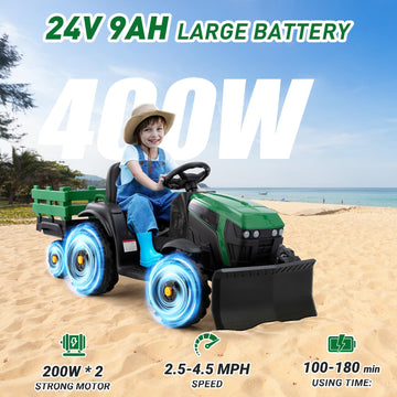 Elemara 24V 3 In 1 Kids Ride On Tractor With Snow Plow, Ride On Toys For Big Kids, 400W Electric Vehicles Car For All Terrain Play, Snow Clearing Tractor Winter For Ages 3+, Max 4.5 Mph, 88Lbs, Green