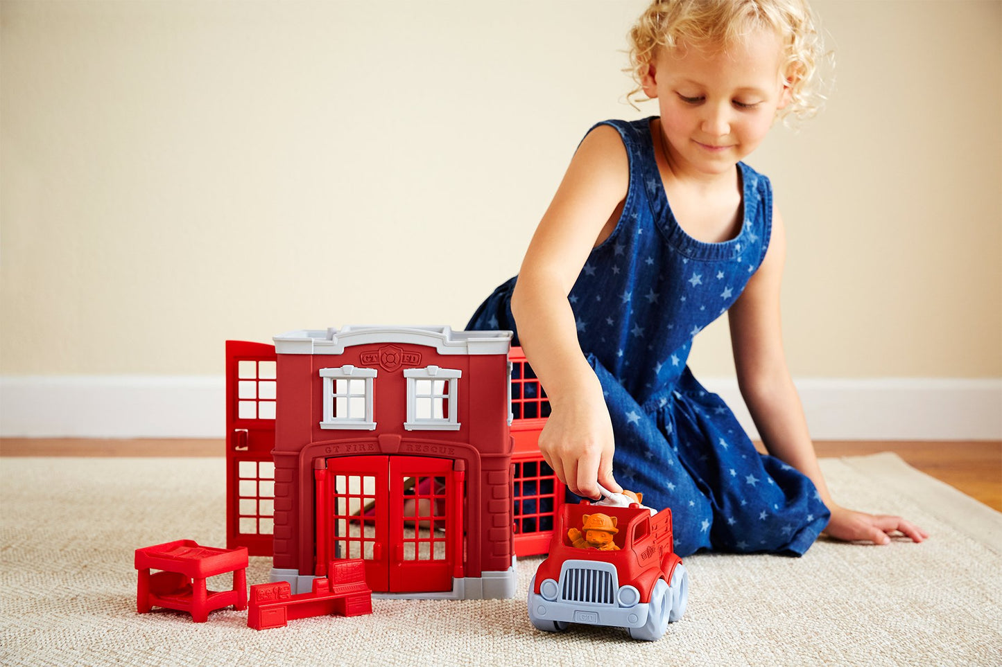 Green Toys Fire Station Playset - 8 Piece Role Play Toy, 100% Recycled Plastic, Multi Color, Model PFIR-1156, Dishwasher Safe