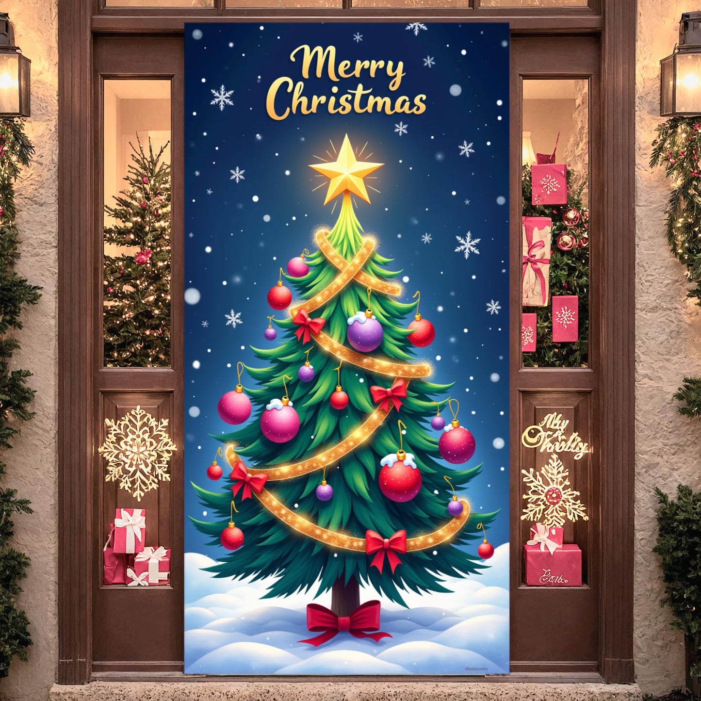 Blue Christmas Tree Door Cover Large Merry Christmas Door Banner Xmas Tree Hanging Backdrop Decorations with Snow Star Tree Xmas