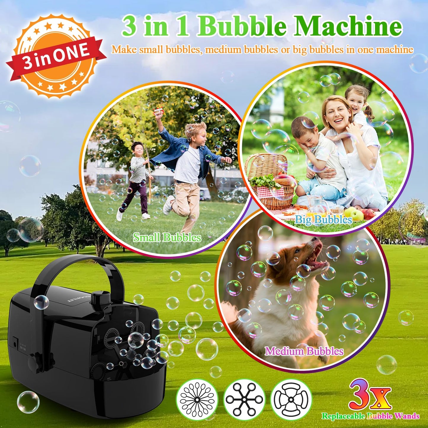 Bubble Machine, 3 in 1 Bubble Maker, Bubble Blower with Replaceable Bubble Wands, 8000+ Colorful Bubbles Per Minute, Operated by