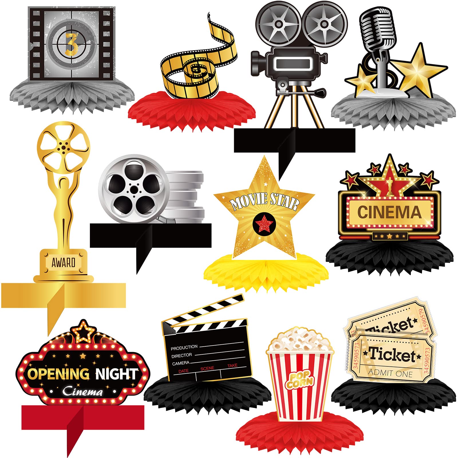 12 Pieces Movie Honeycomb Centerpiece Movie Night Party Decoration Microphone Ticket Star Video Paper Centerpiece Sign Movie Nig