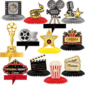 12 Pieces Movie Honeycomb Centerpiece Movie Night Party Decoration Microphone Ticket Star Video Paper Centerpiece Sign Movie Nig