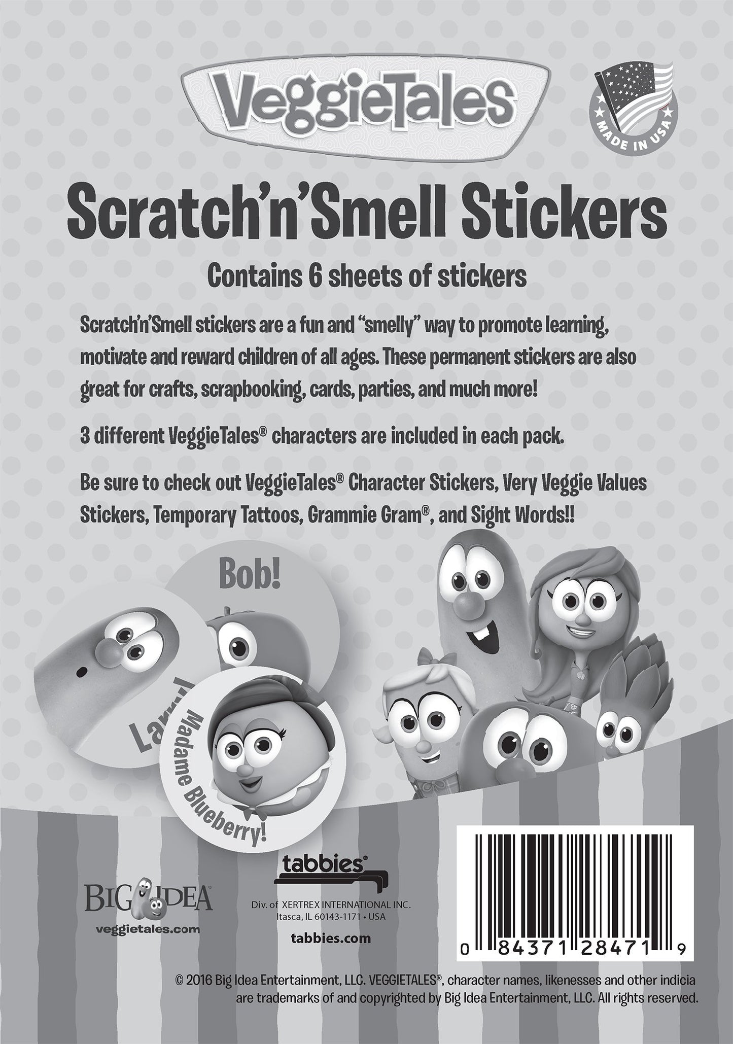 VeggieTales ScratchnSmell Stickers, Assorted Colors/Scents, 54 Stickers Per Pack, 3-3/4 H x 4 W, Made in The USA