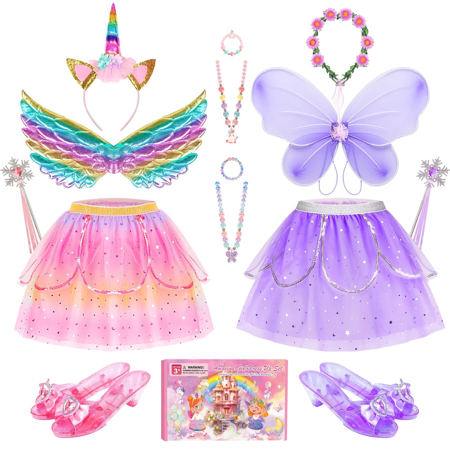 Jeowoqao Kids Princess Dress Up Set - Tutu, Butterfly Wings, Shoes, Pink, One Size, for Girls 3-6 Years