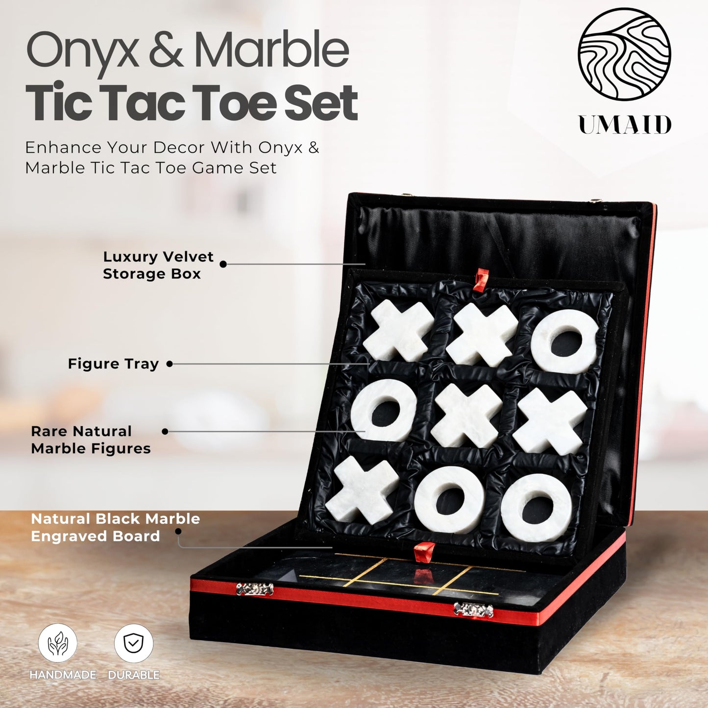 Umaid Luxury Marble Tic Tac Toe Game - A Sophisticated Touch For Dad This Fathers Day - Handcrafted 10    Onyx Board With Velvet
