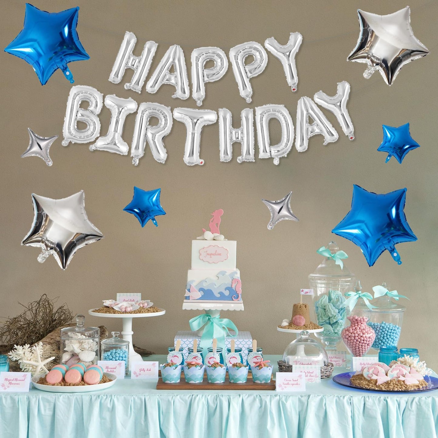 Happy Birthday Balloons Banner, Silver Happy Birthday Foil Balloons 16 Inch Mylar Foil Letter Balloons With 8 Pcs Blue Silver St