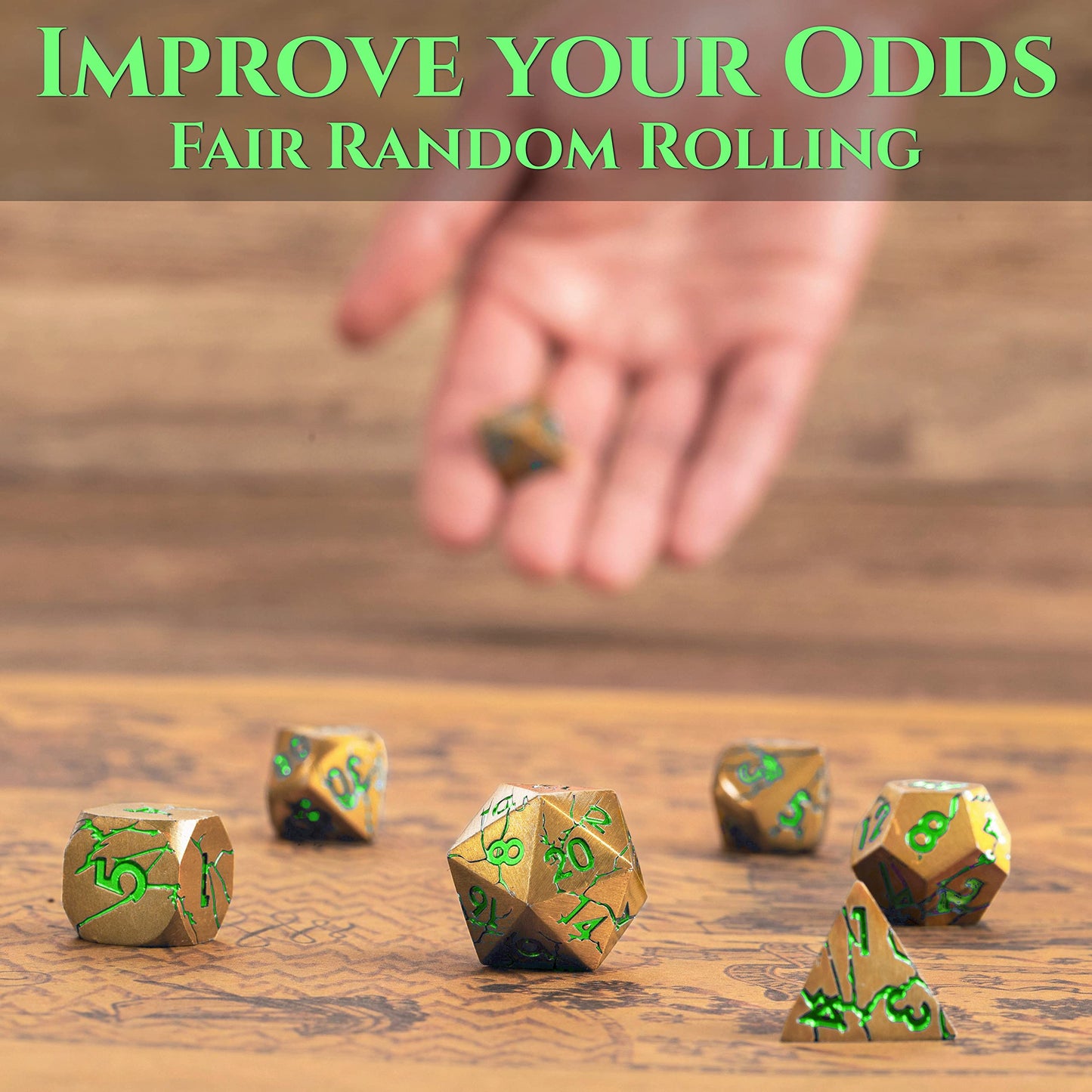 DND Metal Dice - Pharaoh Ruins Gold Metal Dice with Green Cracks - Polyhedral Dice Set for RPG D&D MTG Pathfinder and More - Bea