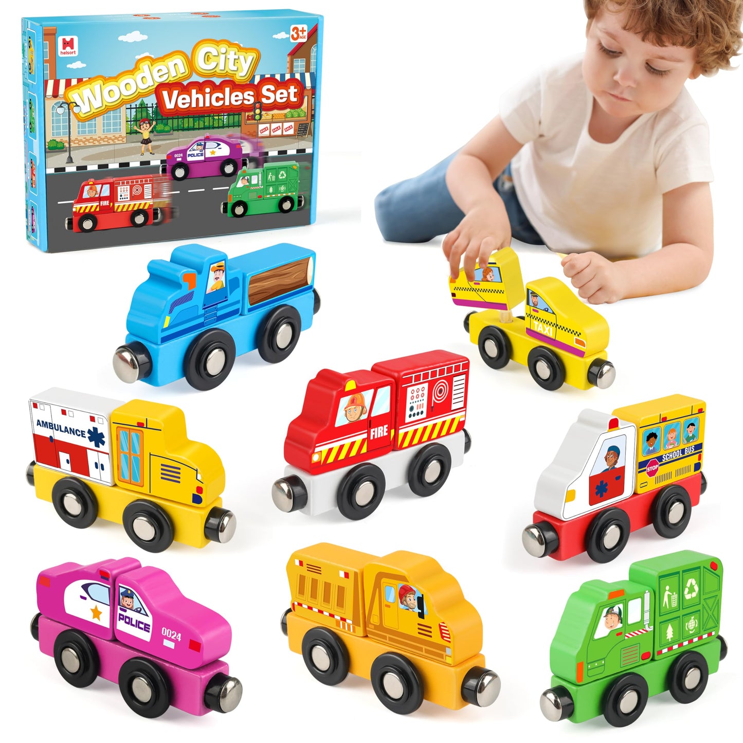 Helsort Wooden Magnetic Trains Cars - 8 Piece Educational and Skill-Building Wooden Toy for Boys and Girls Toys Train, Montessor