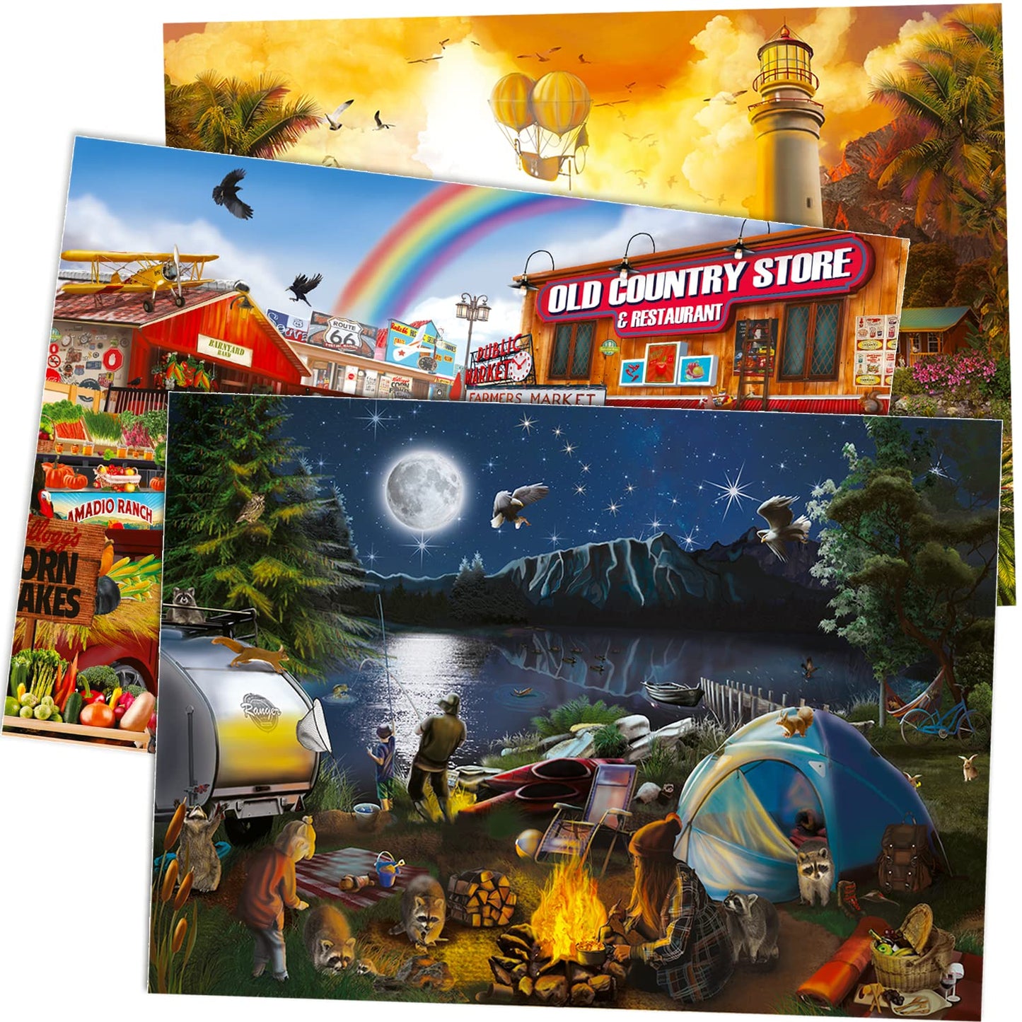 Quokka Puzzles for mature-themeds 1000 Pieces and Up - 3 Pack of 1000 Piece Puzzles for Kids Ages 8-10-12 - Enjoy Market  Lighthouse and Camping Designs for Women and Men