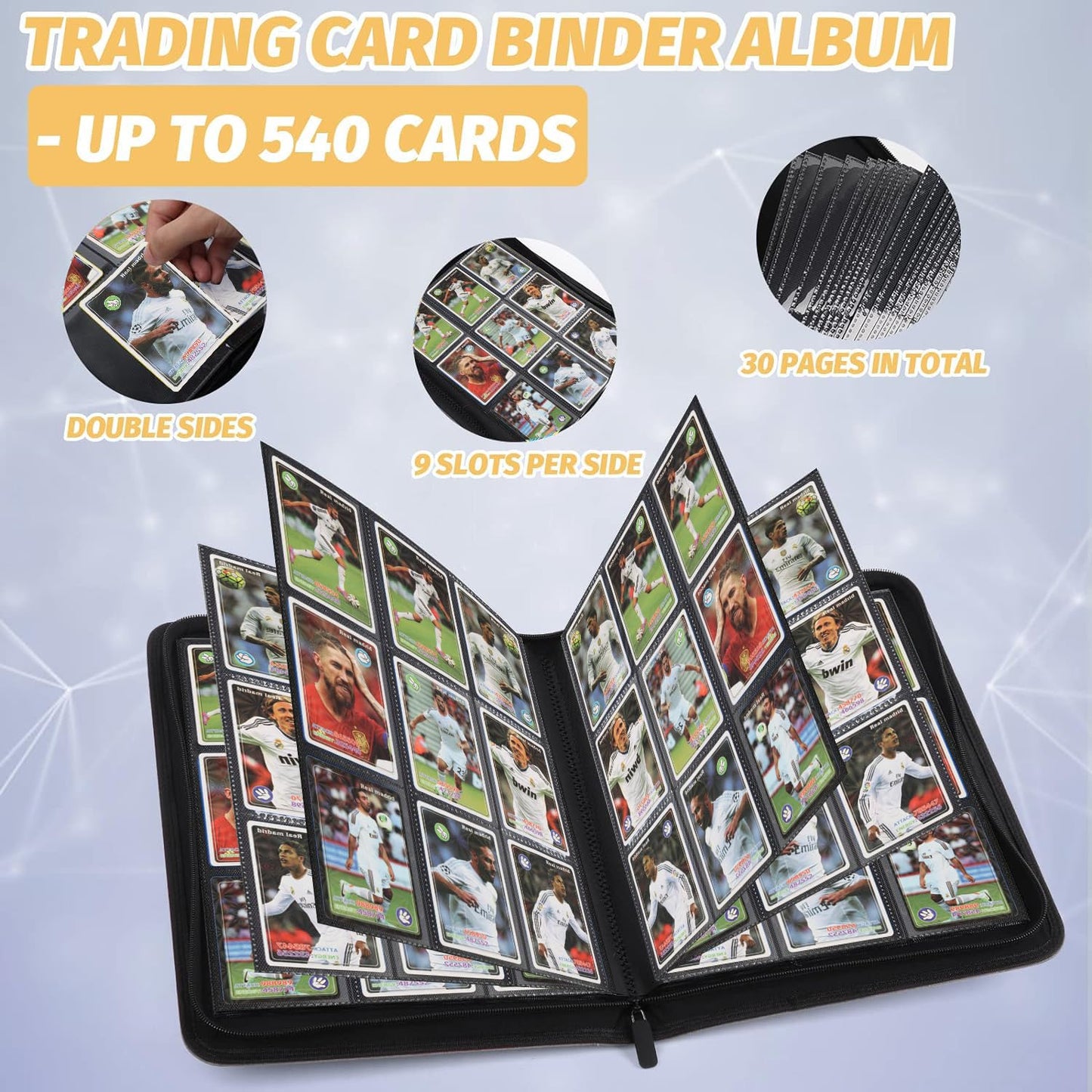 Foalgo 9 Pocket Card Binder, Premium Zip Trading Card Binder, 540 Double Sided Pocket Pu Collection Binder, Collector Album, Card Folder For Mtg, Tcg, Sports Cards (Black)