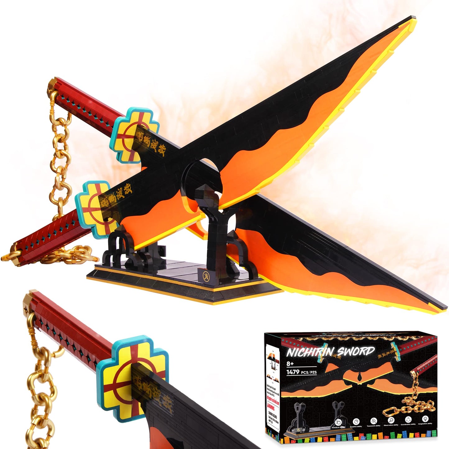 Jorumo Demon Slayer decorative replica blade Building Set  82in Double cutting edge Tengen Uzui decorative replica blade Building Block with Stand  Handmade Cosplay Anime decorative replica blade Toy Building Set for Collecting and Gifting 1478Pcs