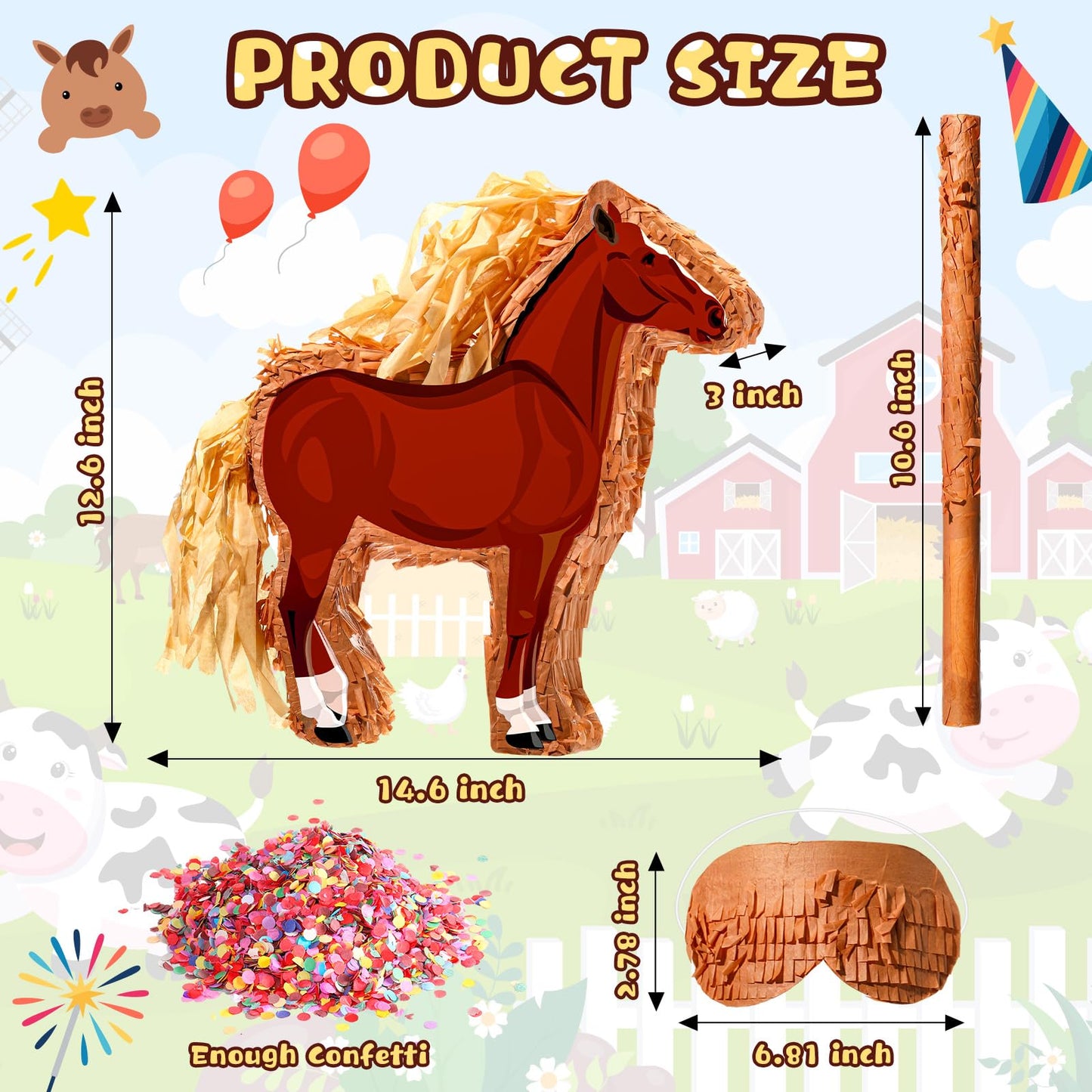 Jenaai Horse Piata 3D Horse Piata Set with Stick Blindfold and Confetti Pack Farm Bundle Cowboy for Birthday Party Game Favors S