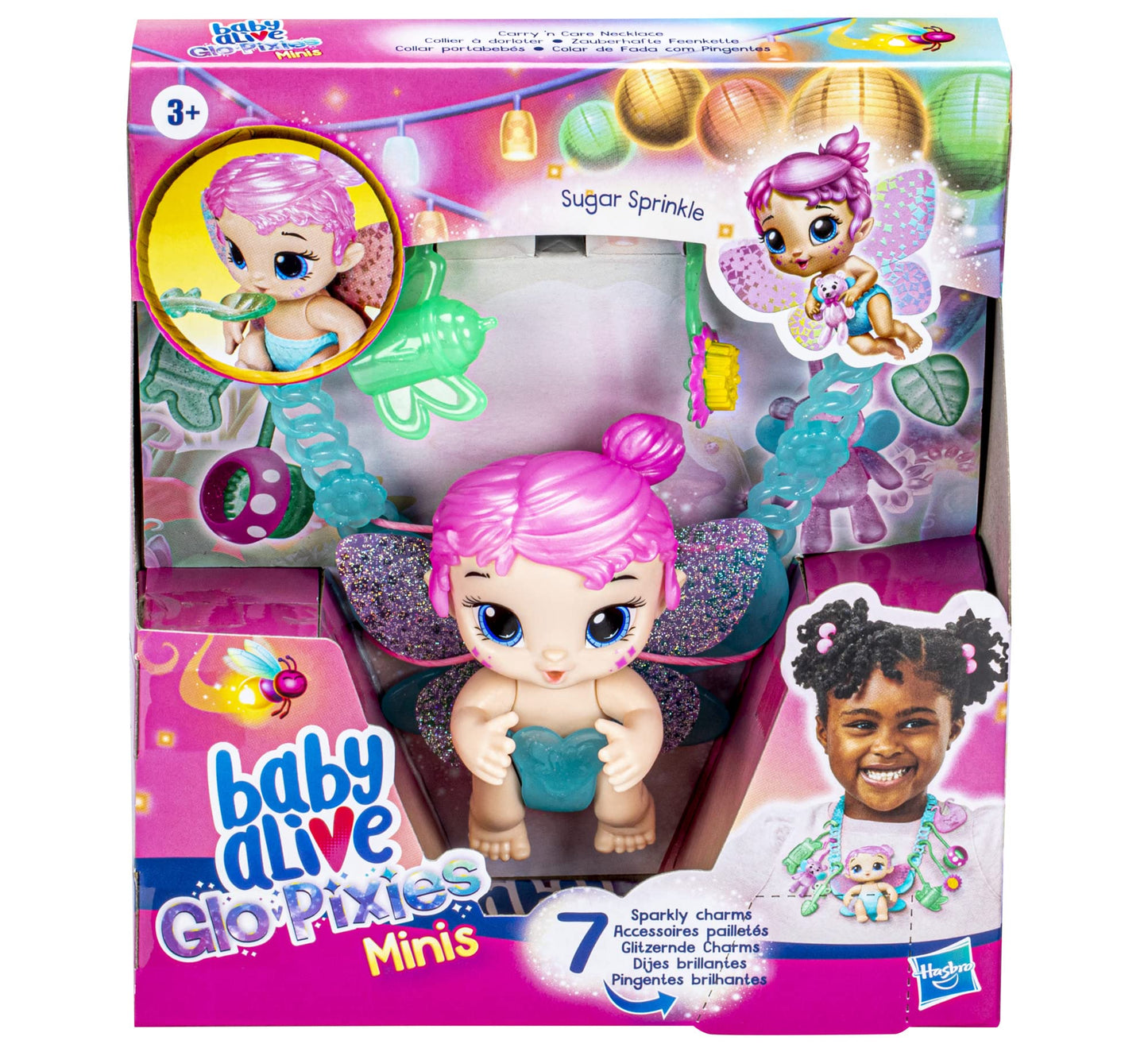 Baby Alive Glo Pixies Mini Doll - Sugar Sprinkle 3.75-Inch with Multicolor Carrier & Charm Necklace, Model F5843