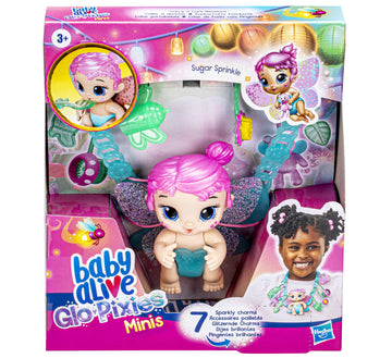 Baby Alive Glo Pixies Mini Doll - Sugar Sprinkle 3.75-Inch with Multicolor Carrier & Charm Necklace, Model F5843