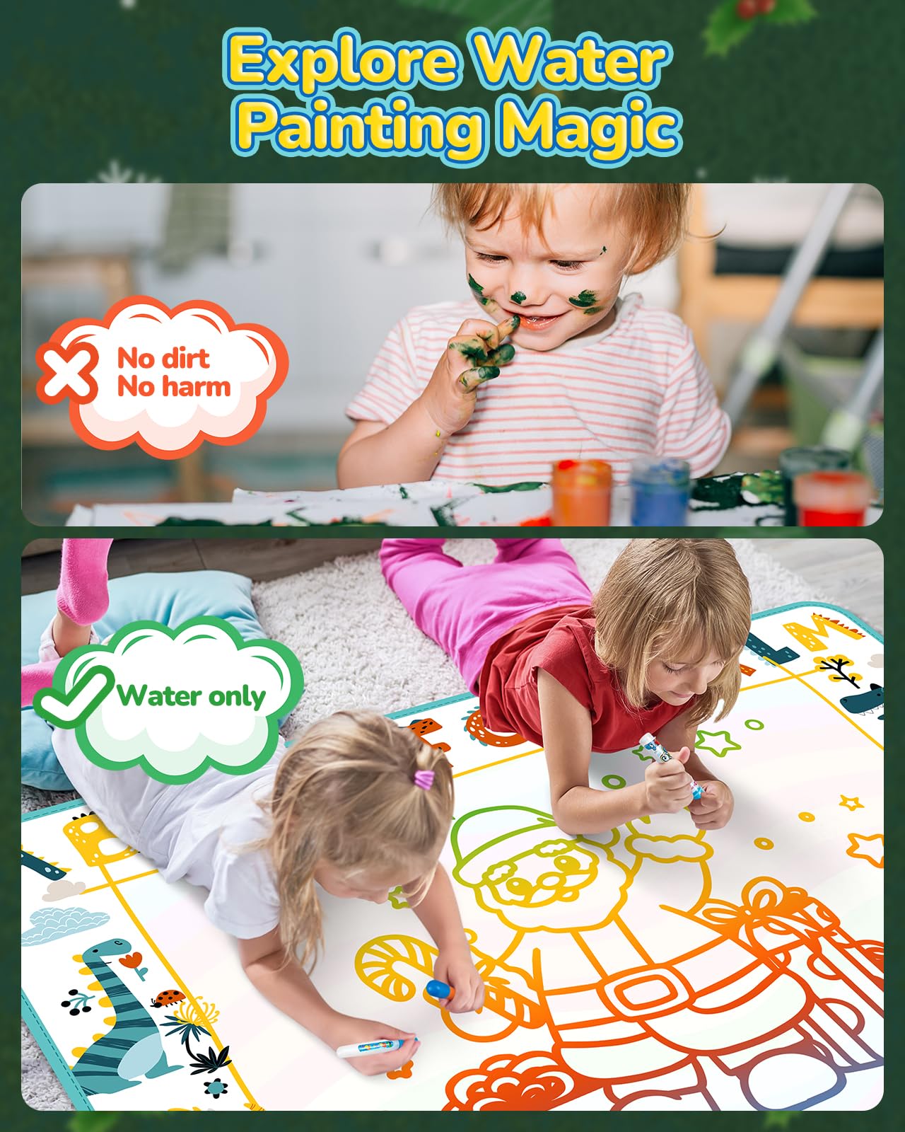Tecjoe Water Doodle Mat, 39 × 31 Inches Large Kids Painting Writing Water Drawing Mat, Mess Free Reusable Toddler Gift For Age 3 4 5 6 7 Years Old Girls Boys, Educational Toys Bring Magic Pens