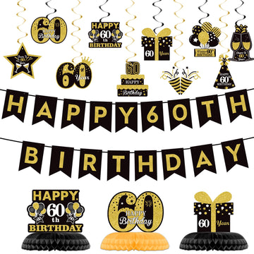60Th Glitter Black Gold Birthday Banner Party Decorations, Happy 60Th Birthday Decorations Hanging Swirls Banner Honeycomb Centerpieces For Men Women Happy 60 Years Old Bday Party