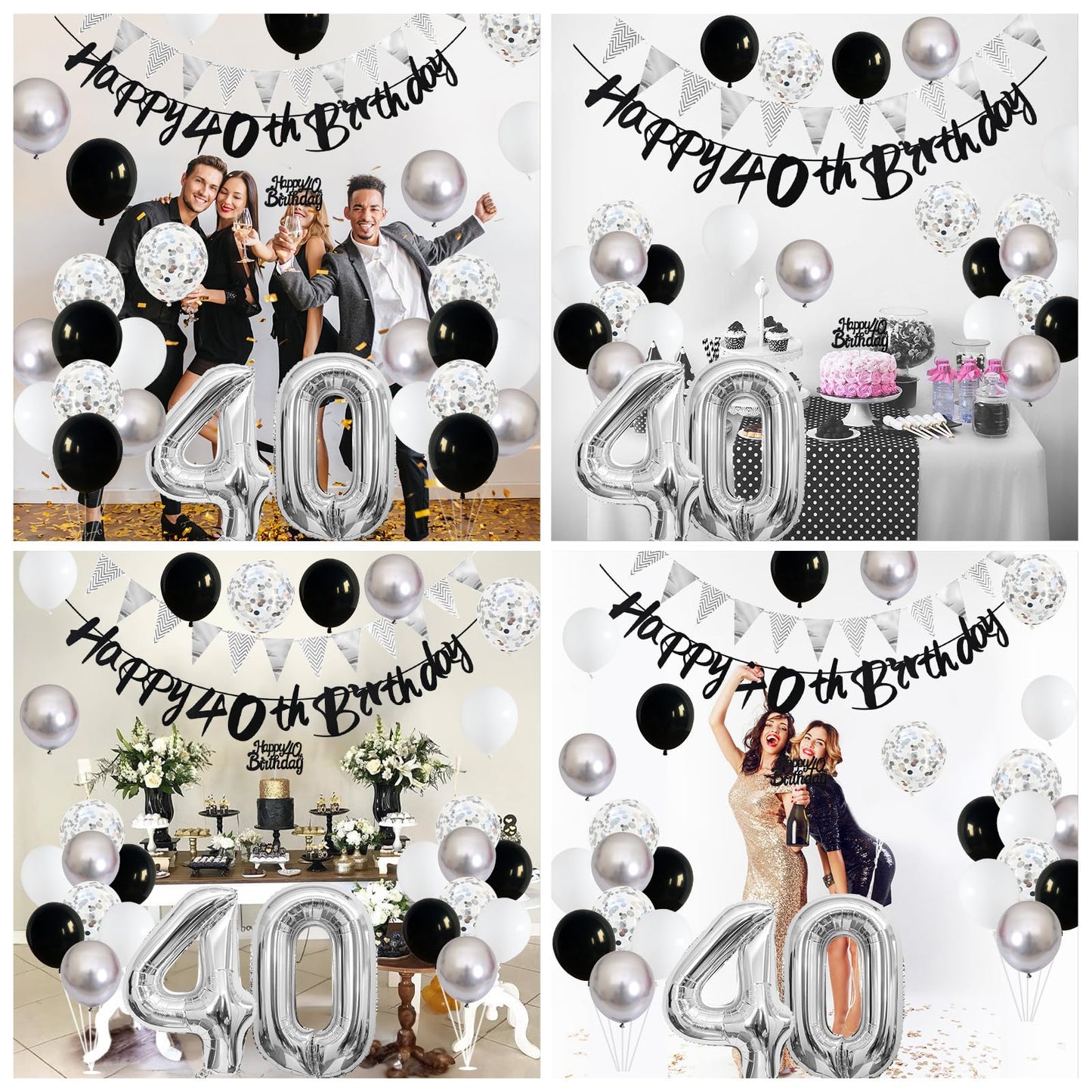 40Th Birthday Decorations For Women Men, Black Silver White 40Th Birthday Balloons, Black Happy 40Th Birthday Banner Birthday Ca