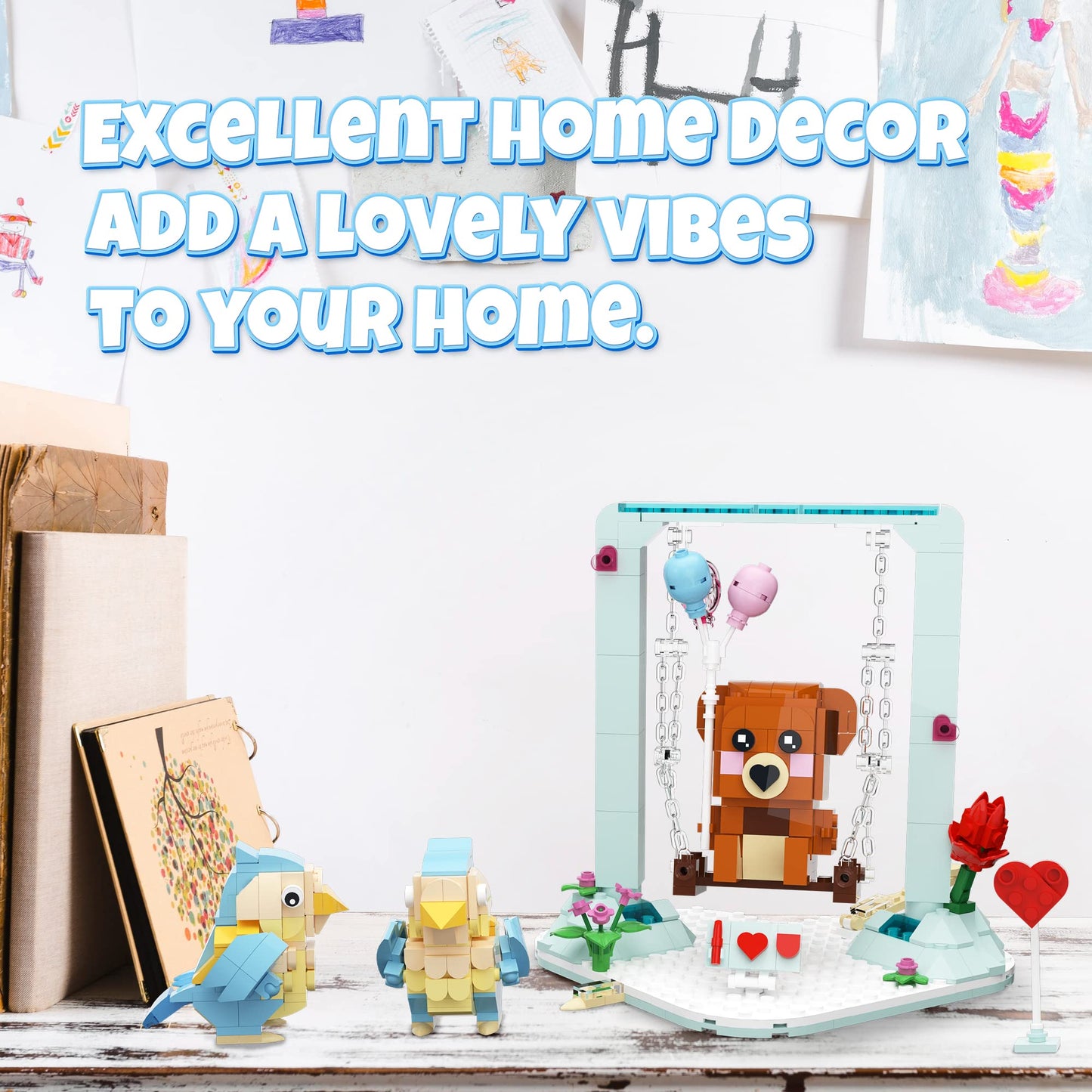 Nubee Valentine Love Birds Brown Bear Building Sets Compatible With Lego, Lovebirds Swings Bear Flower Heart Arrow I Love U Boar