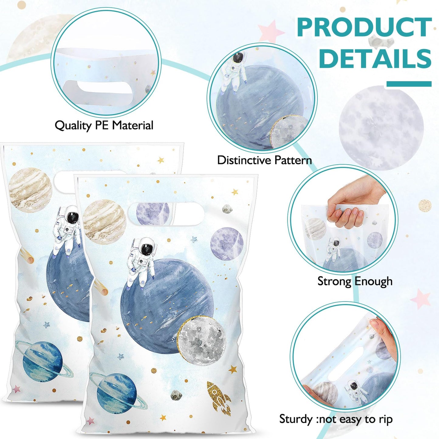 Blosssound 100 Pcs First Trip Around The Sun Space Party Treat Bags Plastic Outer Space Theme Gift Bags with Handles Solar Syste
