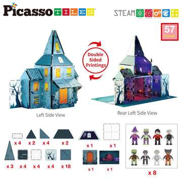 Picassotiles Haunted House Theme Magnet Tile Building Blocks 8 Action Figures Magnetic Construction Toy Double Sided Printing Ed