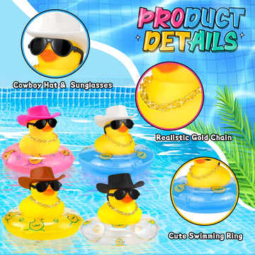 Sosation Cowboy Rubber Duck Bulk Mini Car Yellow Duckies Bath Toys Party Favor with Mini Hat Swim Circle Necklace Sunglasses Car Ornaments for Summer Birthday Swimming Supplies(24 Pcs  Novel Style)